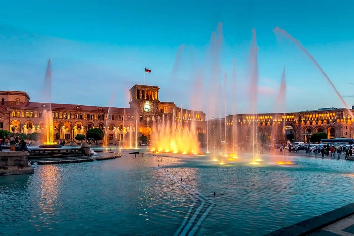 Republic Square in the evening, with singing fountains The best locations to visit in Yerevan and its surroundings: Republic Square in the evening, with singing fountains