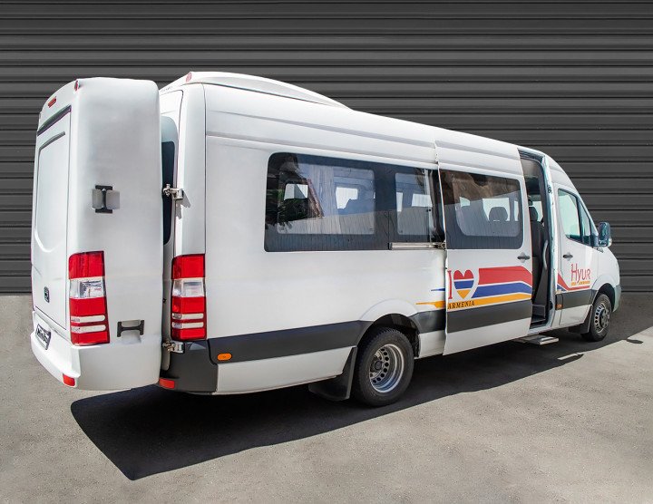 Minibus (20 passengers, 12 luggages), Air Conditioner, Fridge, Monitor, Audio and Video System with USB, Microphone